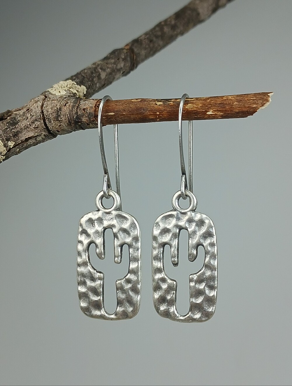 Hammered Silver Cactus Earrings Southwest Desert Jewelry Handcrafted - Picture 2 of 6
